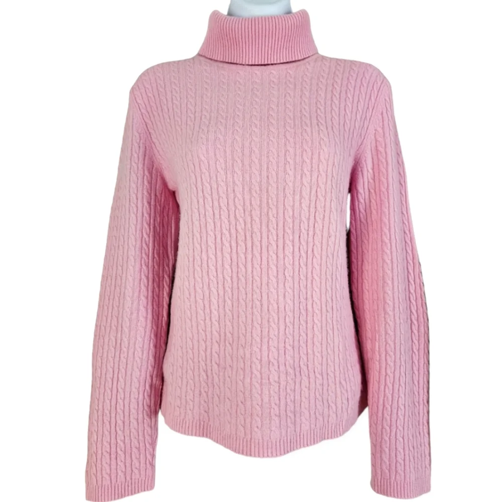 Anne Klein pink cable knit cashmere turtleneck sweater Womens Large